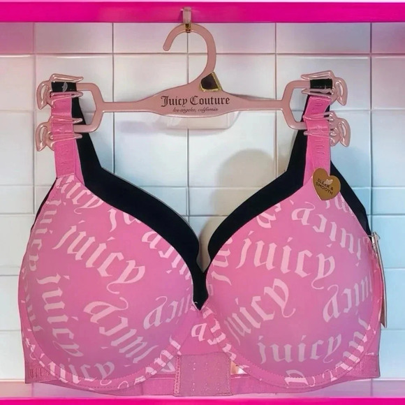Juicy Couture Sexy Pink Logo & Solid Black Push-up Bra 2 Piece Set Size 38D New - Picture 8 of 8